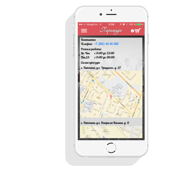 Мобильное приложение "Пирамида Экспресс" на смартфоне контакты
